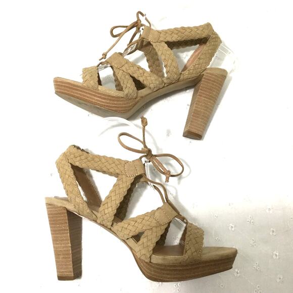 Tahari Tan "Denny" Woven Detail Open Toe Faux Suede Strappy Lace Up Sandal 8.5M - Picture 5 of 10